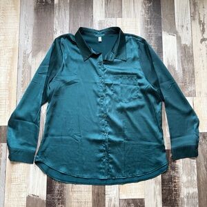 Women’s Dark Green Satin Button-Up Blouse size XL